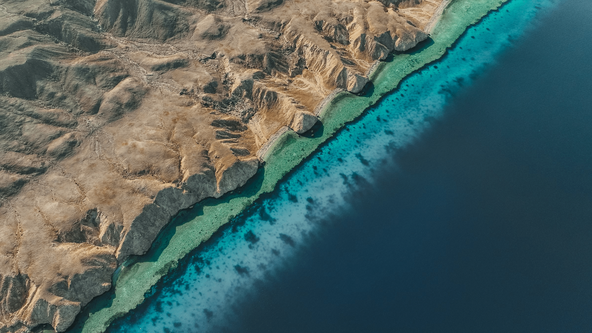 Aerial view of a turquoise coastline meeting rugged terrain